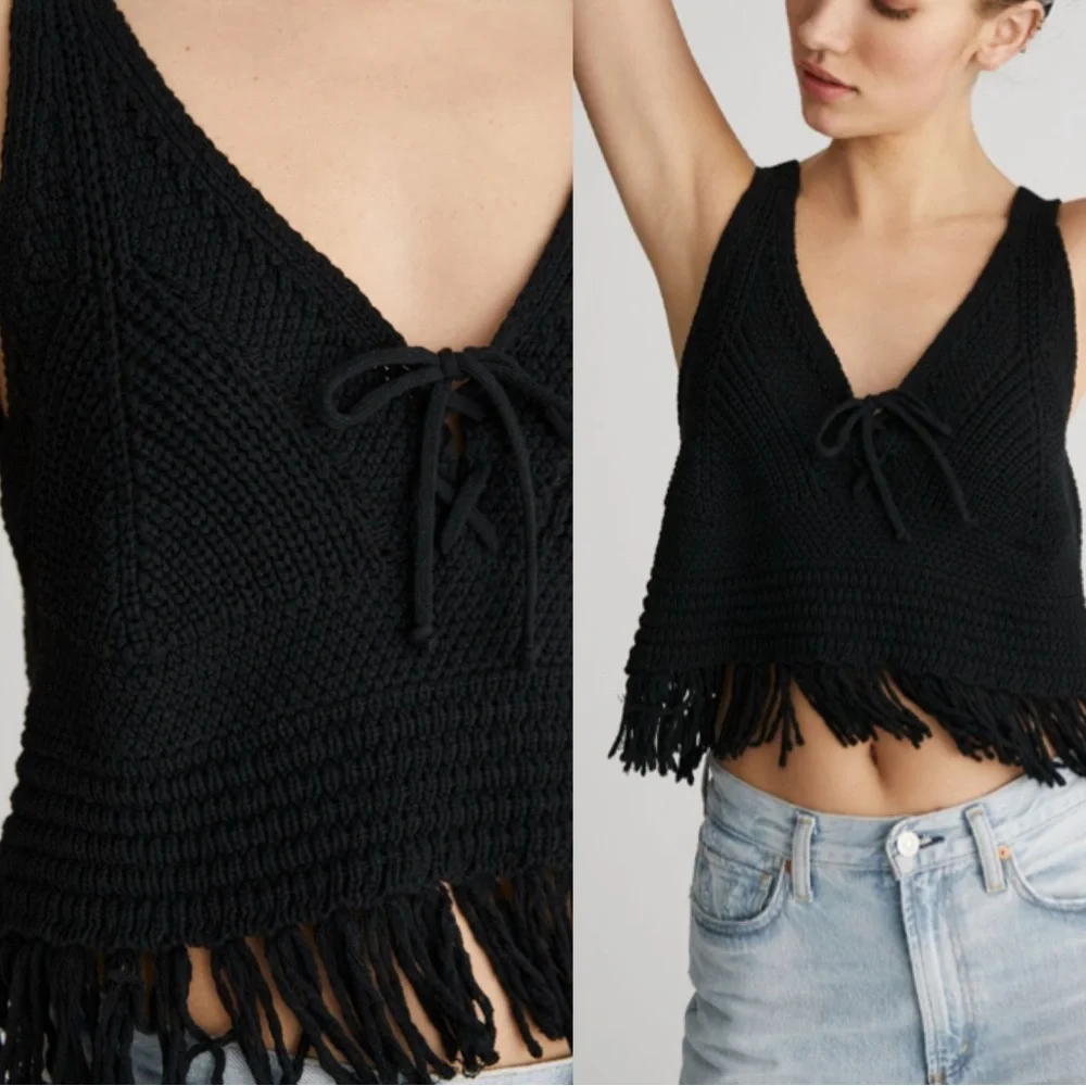 NWT Anthropologie Pilcro Black Fringe Sweater Tank Crochet Top Petite Medium